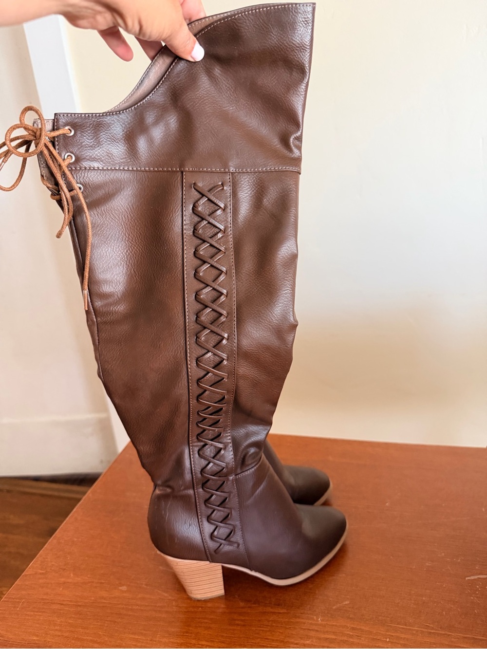 Source Unknown Brown Over-the-Knee Lace-Back Block Heel Boots